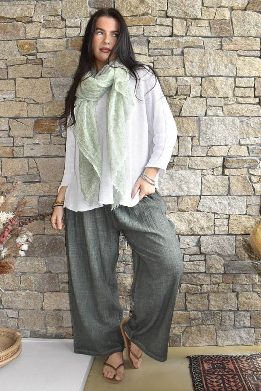 Loom & Thread Pin Tuck Pant Washed Moss /41=